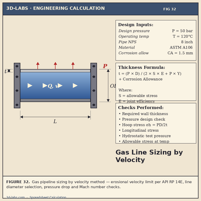 Gas Line Sizing by Velocity Calculation — Pipeline Sizing Excel