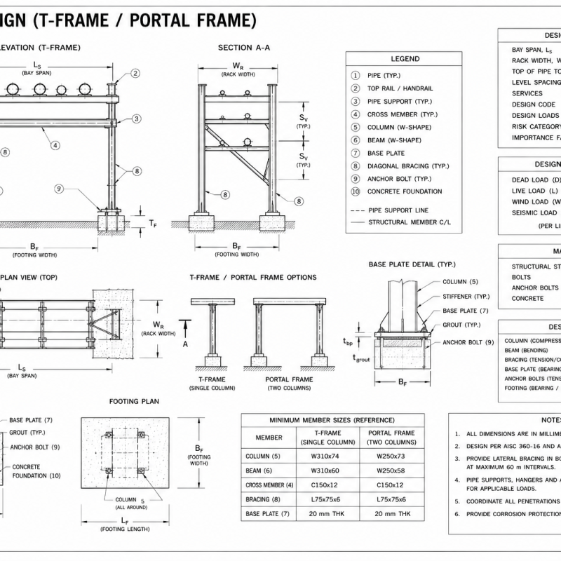 Pipe Rack Design (T-Frame / Portal Frame)