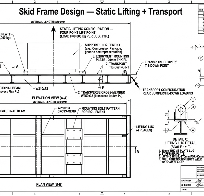 Skid Frame Design — Static Lifting + Transport