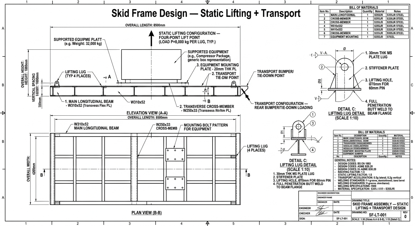 Skid Frame Design — Static Lifting + Transport