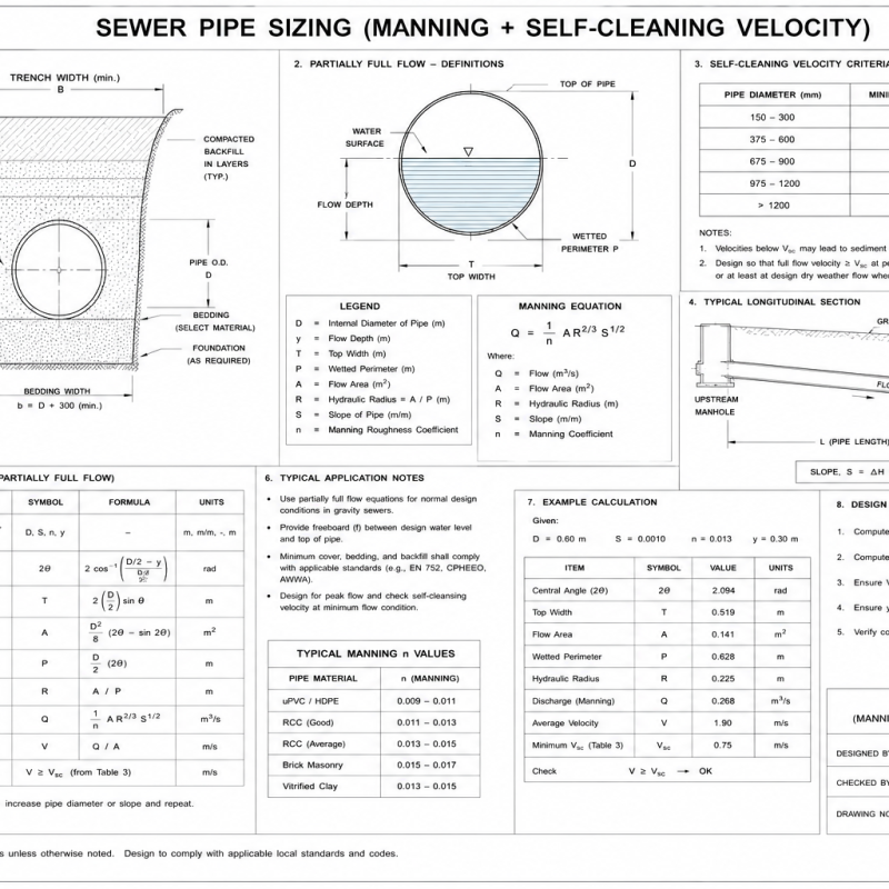 Sewer Pipe Sizing (Manning + Self-Cleansing Velocity)