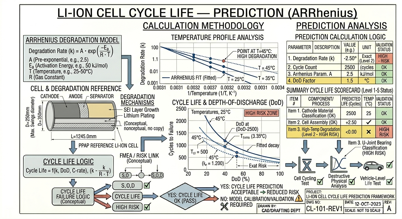Cycle Life Prediction — Li-ion Cell (Arrhenius)