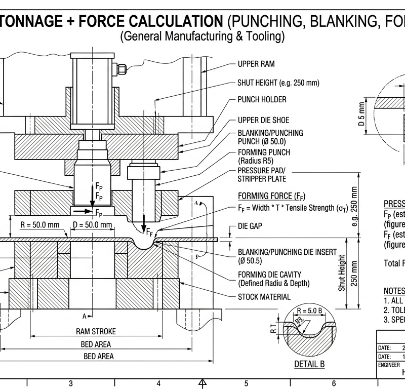 Press Tonnage + Force Calculation (Punching, Blanking, Forming)