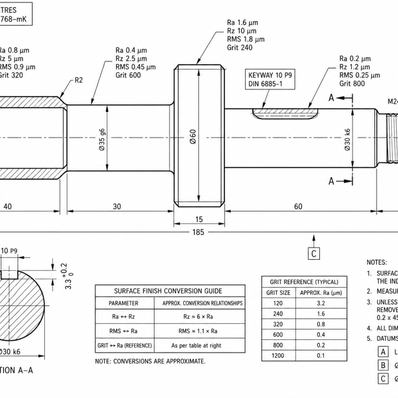 Surface Finish Conversion (Ra / Rz / RMS / Grit)