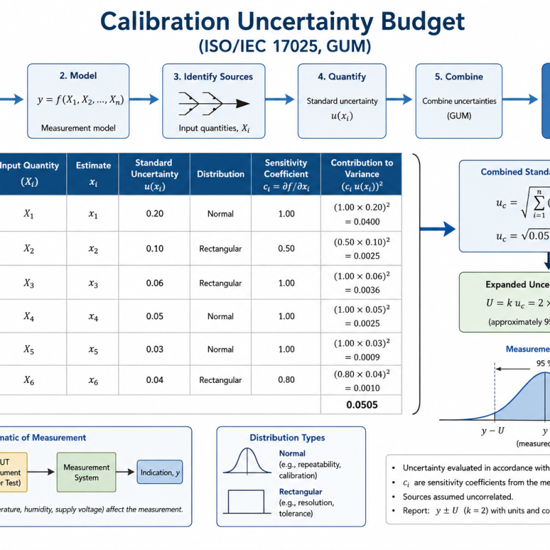 Calibration Uncertainty Budget (ISO/IEC 17025, GUM)