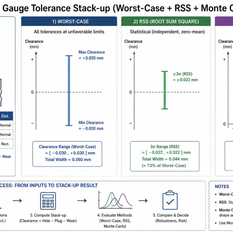 Gauge Tolerance Stack-up (Worst-Case + RSS + Monte Carlo)