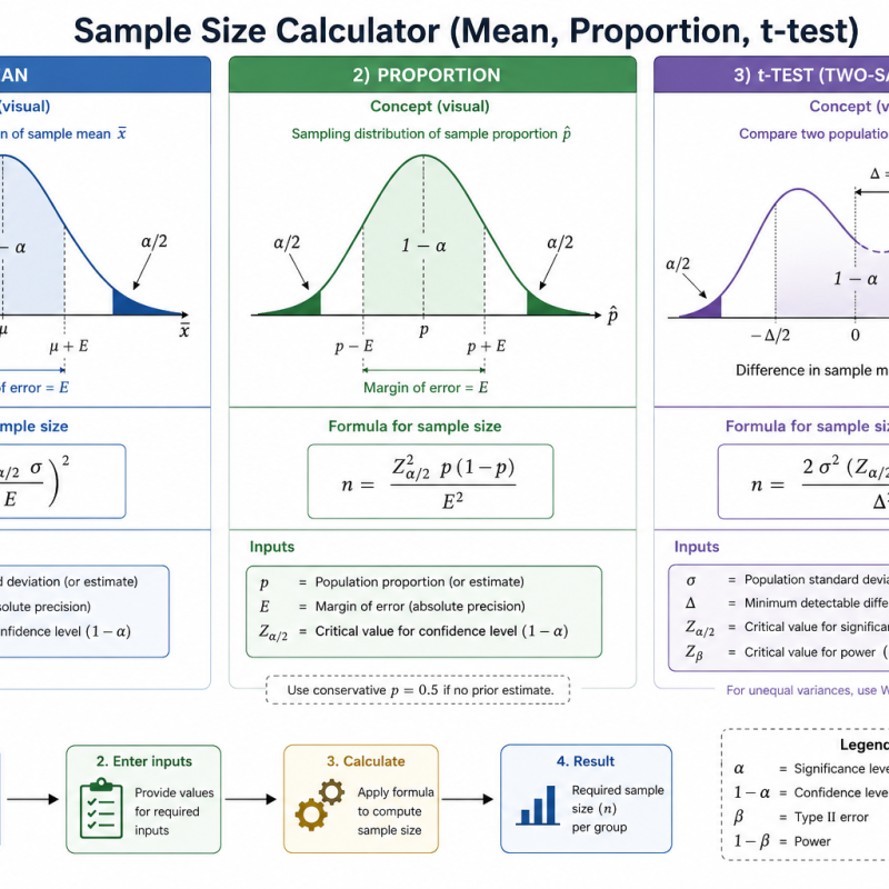 Sample Size Calculator (Mean, Proportion, t-test)