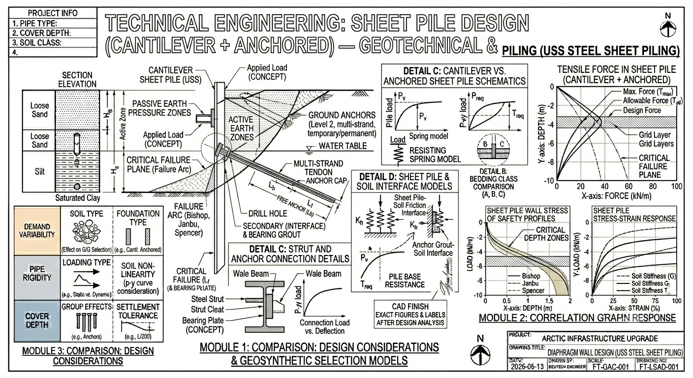 Sheet Pile Design (Cantilever + Anchored)