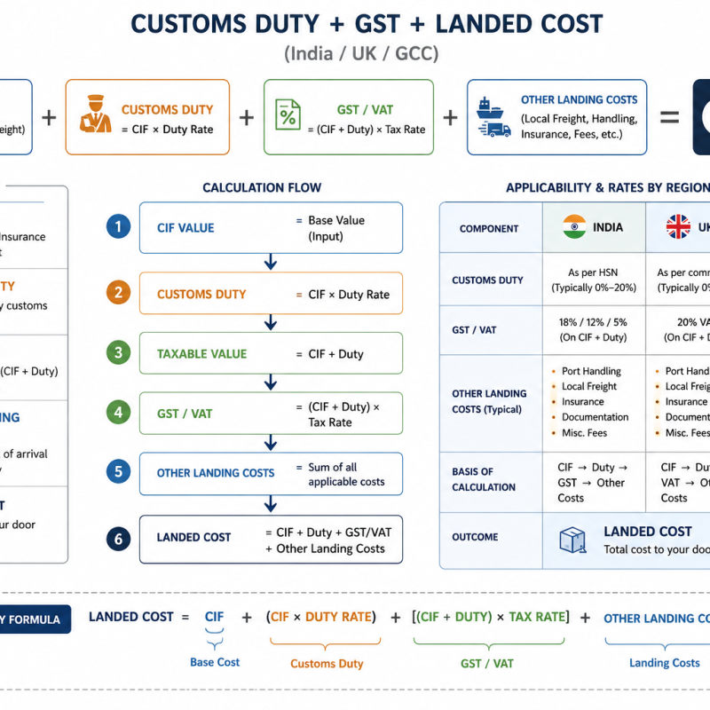 Customs Duty + GST + Landed Cost (India / UK / GCC)