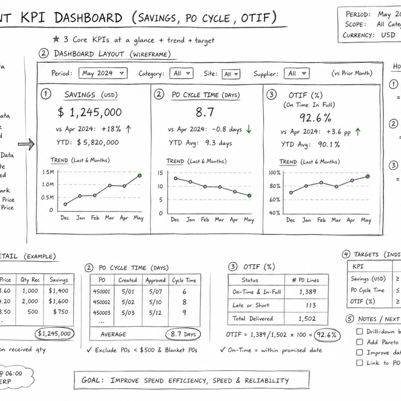 Procurement KPI Dashboard (Savings, PO Cycle, OTIF)