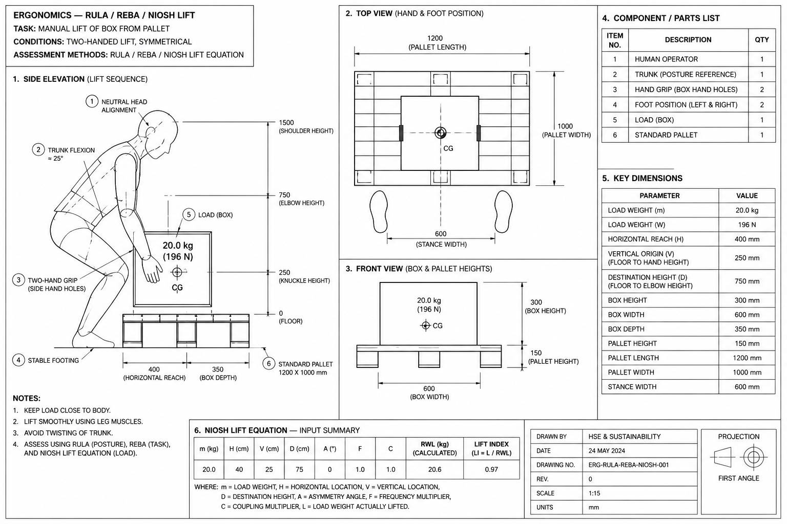 Ergonomics — RULA / REBA / NIOSH Lift
