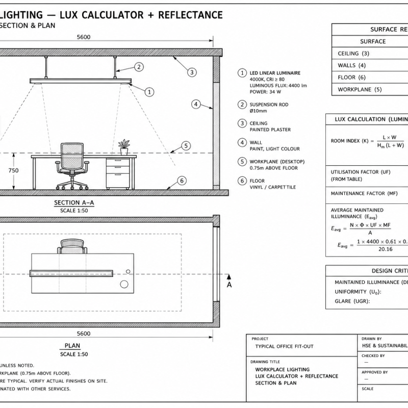 Workplace Lighting — Lux Calculator + Reflectance