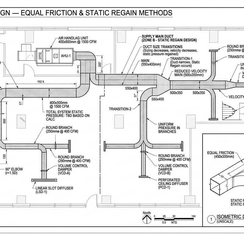 HVAC Duct Sizing — Equal Friction + Static Regain