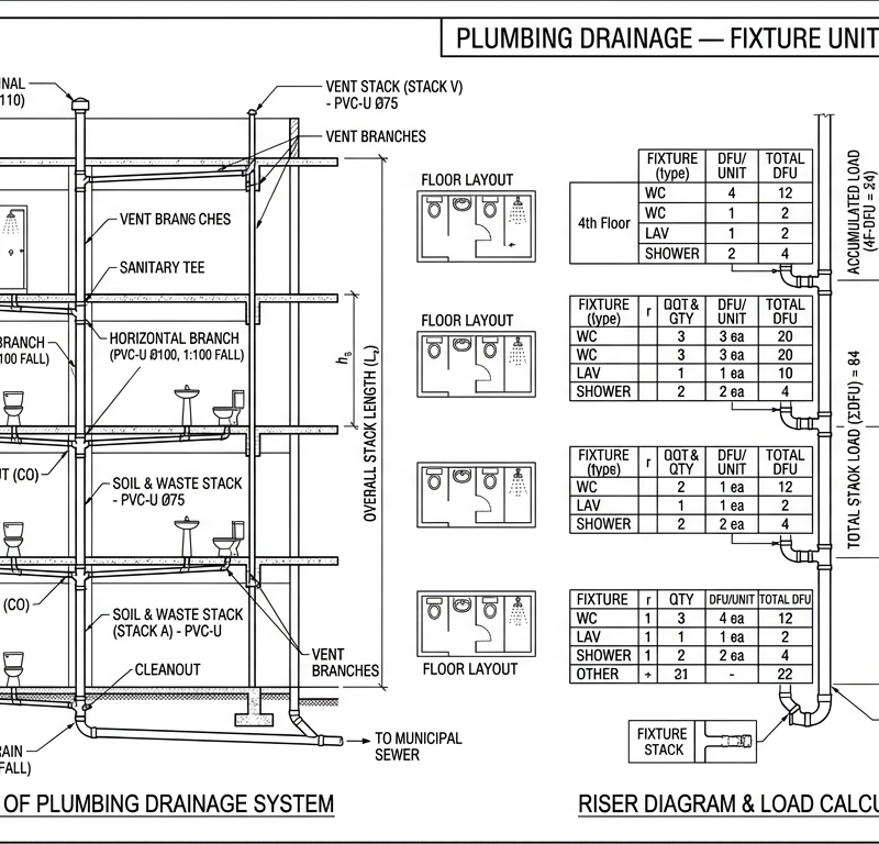 Plumbing Drainage — Fixture Units + Stack Sizing