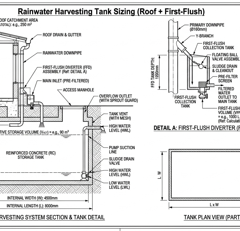 Rainwater Harvesting Tank Sizing (Roof + First-Flush)