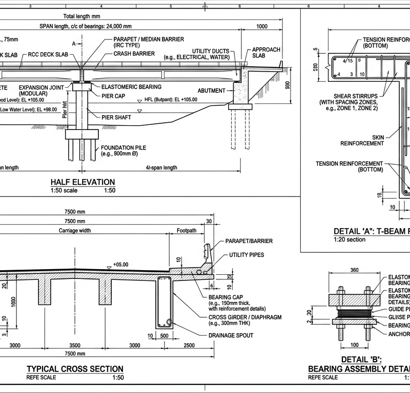 RCC T-Beam Bridge Design