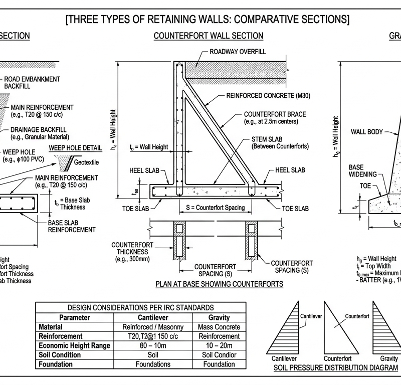 Retaining Wall — Cantilever, Counterfort, Gravity