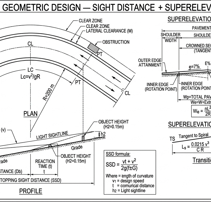 Road Geometric Design — Sight Distance + Superelevation