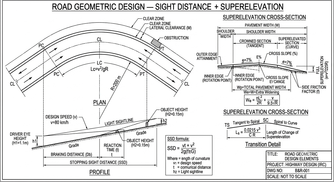 Road Geometric Design — Sight Distance + Superelevation