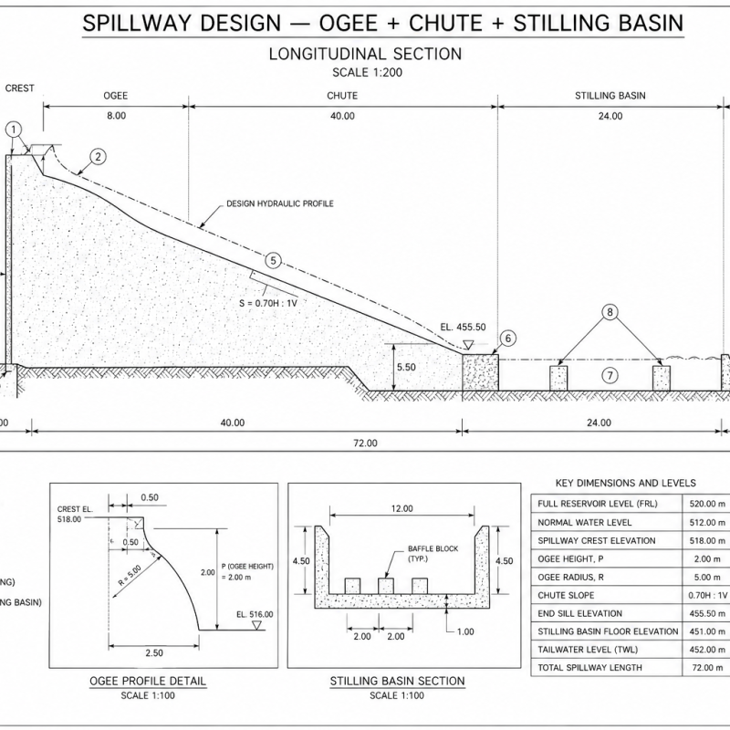 Spillway Design — Ogee + Chute + Stilling Basin