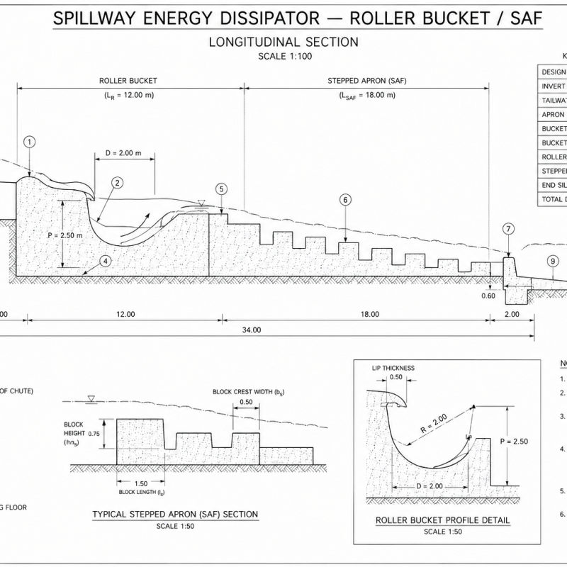 Spillway Energy Dissipator — Roller Bucket / SAF