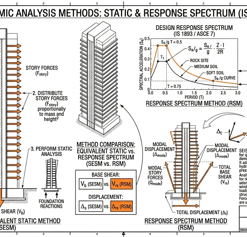 Building Seismic — Static + Response Spectrum (IS 1893 / ASCE 7)