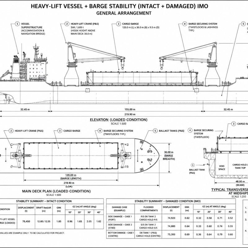 Heavy-Lift Vessel + Barge Stability (Intact + Damaged)