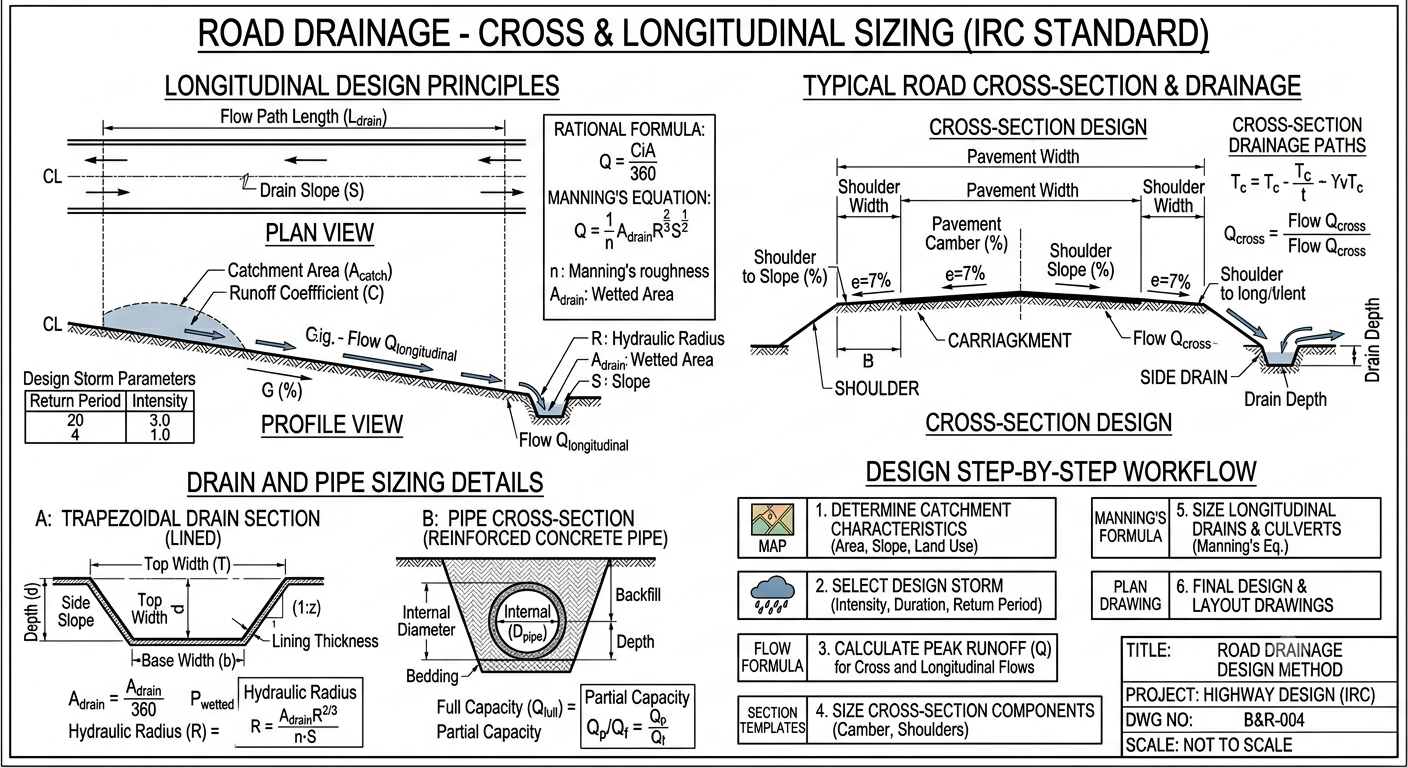 Road Drainage — Cross + Longitudinal Sizing