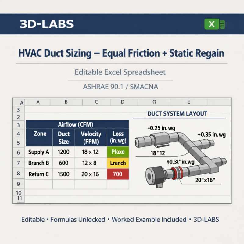 HVAC Duct Sizing — Equal Friction + Static Regain