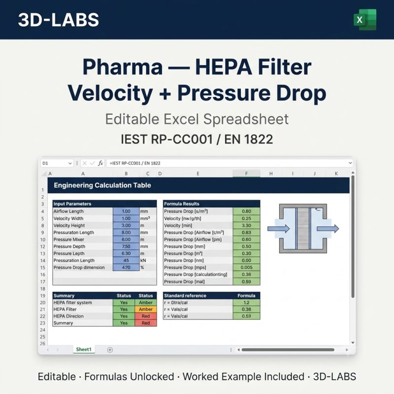 Pharma — HEPA Filter Velocity + Pressure Drop