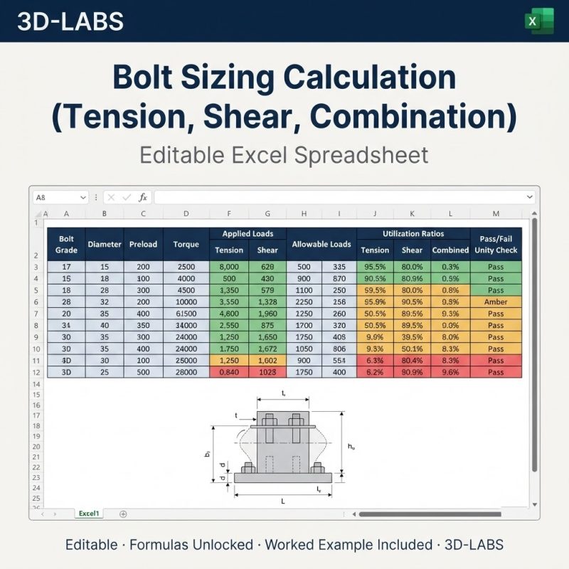Bolt Sizing Calculation (Tension, Shear, Combined Loading)