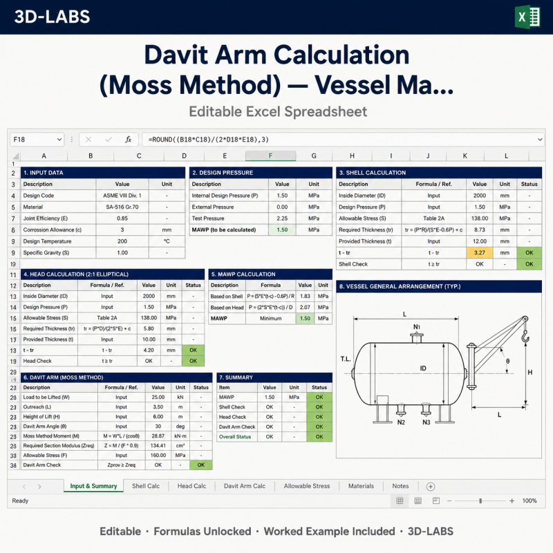 Davit Arm Calculation (Moss Method) — Vessel Maintenance Excel