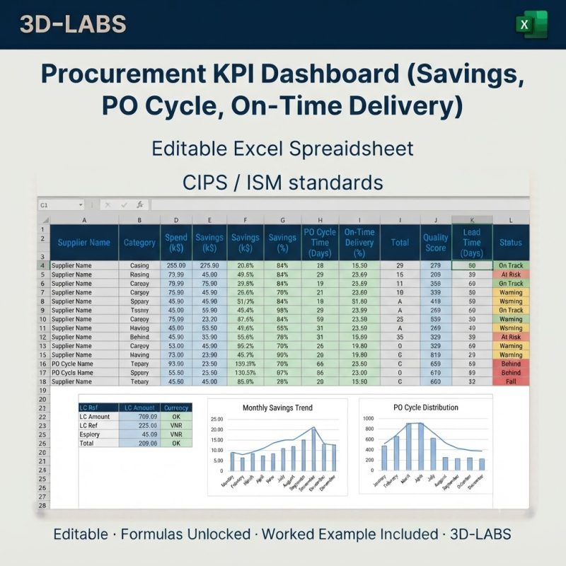 Procurement KPI Dashboard (Savings, PO Cycle, OTIF)