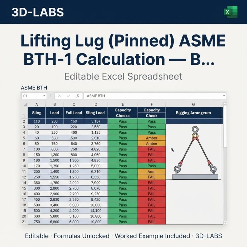 Lifting Lug (Pinned) ASME BTH-1 Calculation — Below-the-Hook Excel