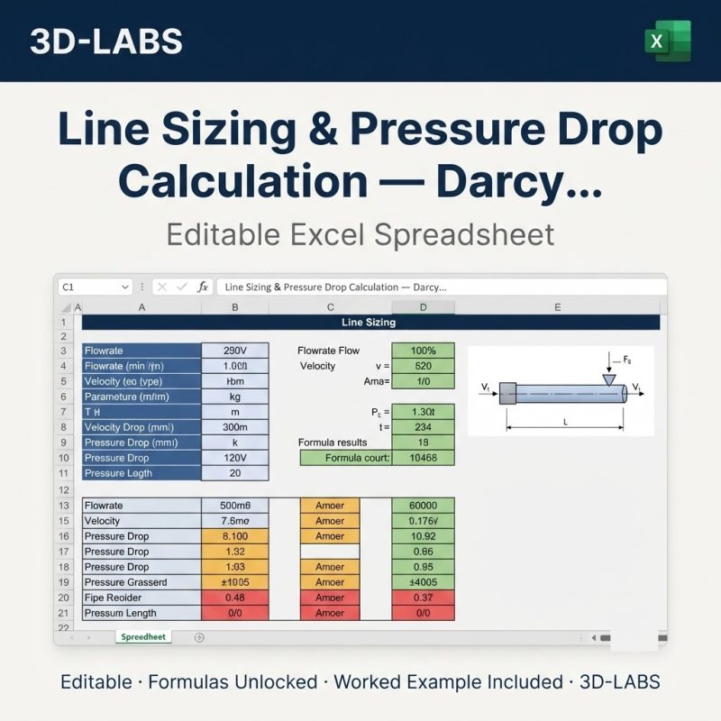 Line Sizing & Pressure Drop Calculation — Darcy-Weisbach Excel