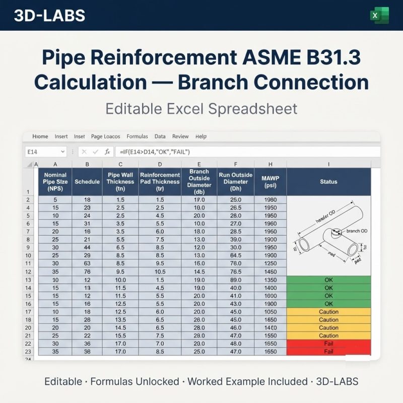 Pipe Reinforcement ASME B31.3 Calculation — Branch Reinforcement Excel