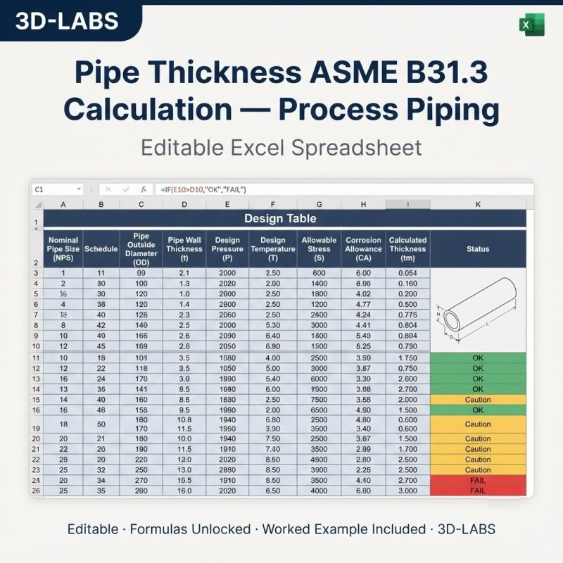 Pipe Thickness ASME B31.3 Calculation — Process Piping Excel