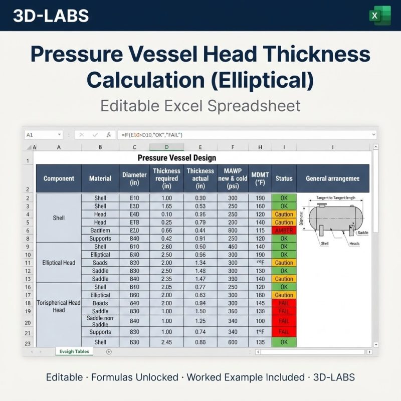 Pressure Vessel Head Thickness Calculation (Elliptical & Hemispherical)