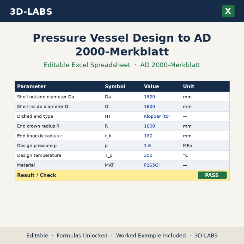Pressure Vessel Design to AD 2000-Merkblatt Excel calculator - 3D-LABS