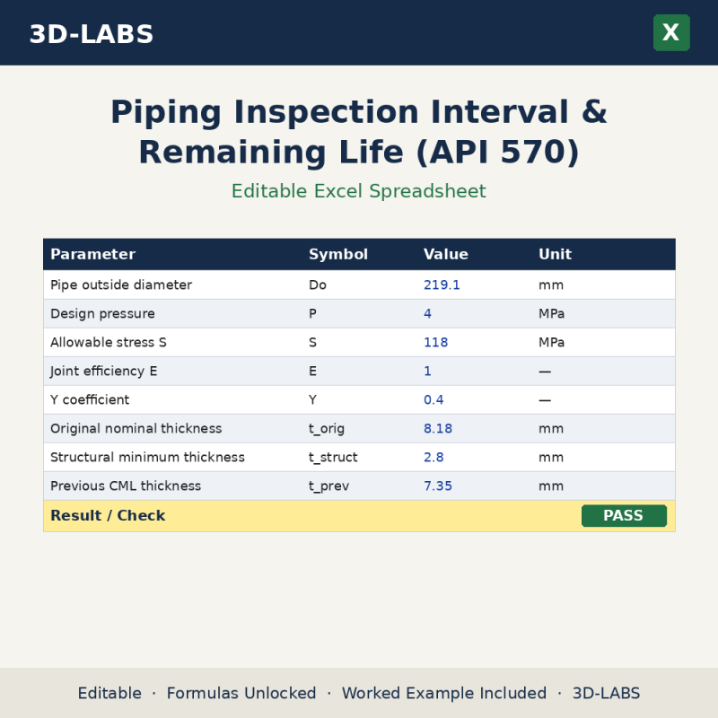 Piping Inspection Interval & Remaining Life (API 570) Excel calculator - 3D-LABS