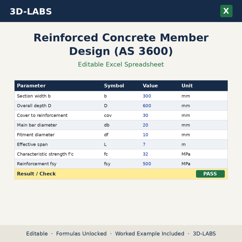 Reinforced Concrete Member Design (AS 3600) Excel calculator - 3D-LABS