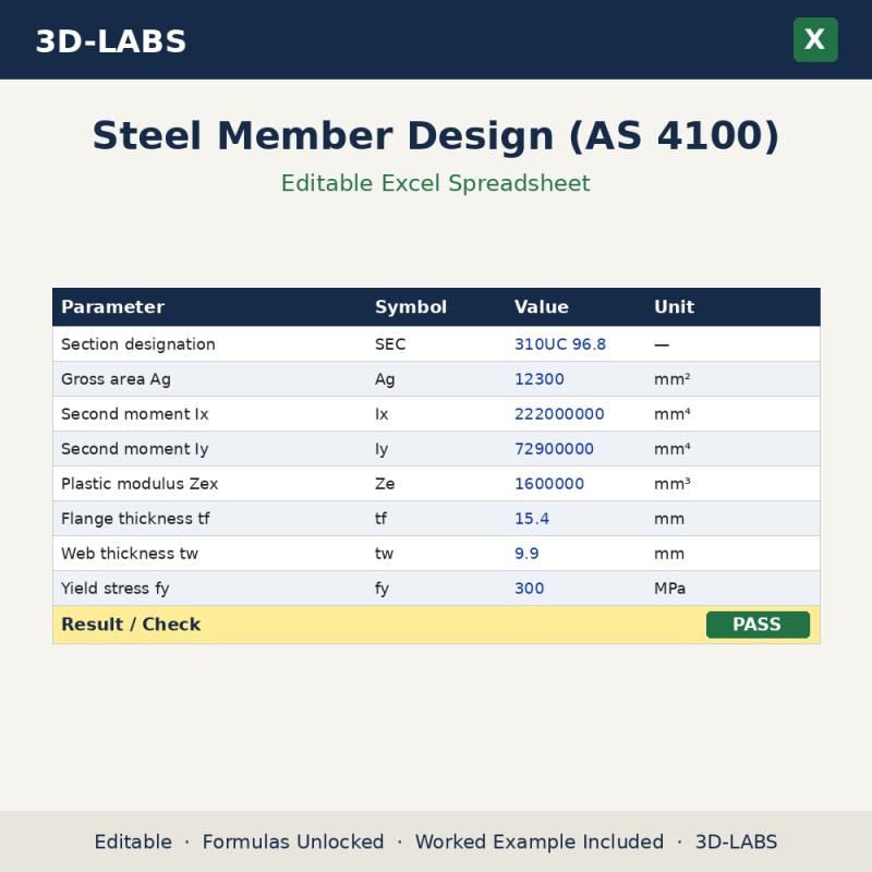 Steel Member Design (AS 4100) Excel calculator - 3D-LABS