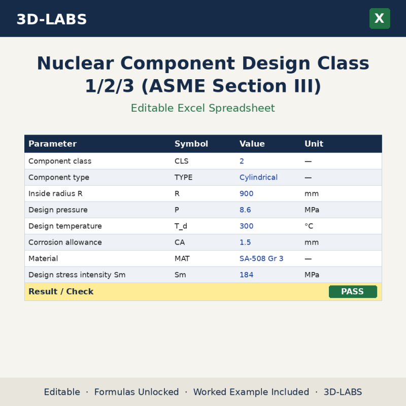Nuclear Component Design Class 1/2/3 (ASME Section III) Excel calculator - 3D-LABS