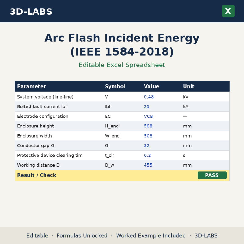 Arc Flash Incident Energy (IEEE 1584-2018) Excel calculator - 3D-LABS