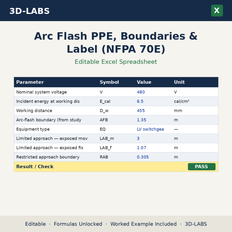 Arc Flash PPE, Boundaries & Label (NFPA 70E) Excel calculator - 3D-LABS