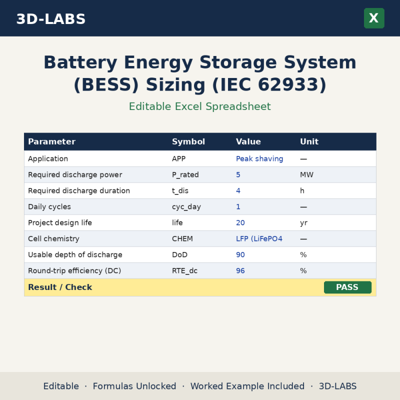 Battery Energy Storage System (BESS) Sizing (IEC 62933) Excel calculator - 3D-LABS