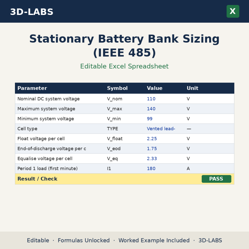 Stationary Battery Bank Sizing (IEEE 485) Excel calculator - 3D-LABS