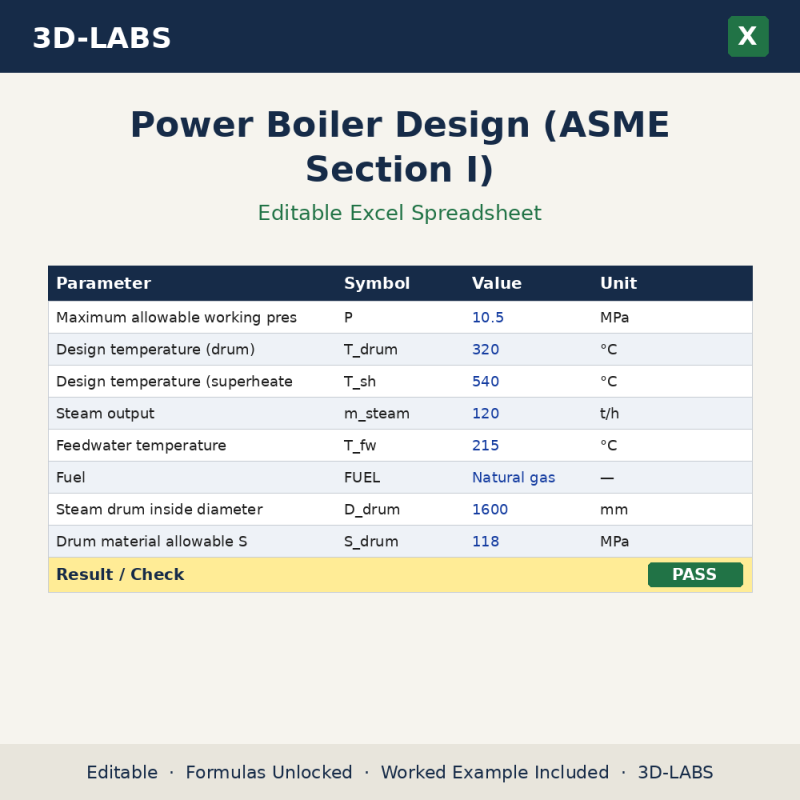 Power Boiler Design (ASME Section I) Excel calculator - 3D-LABS