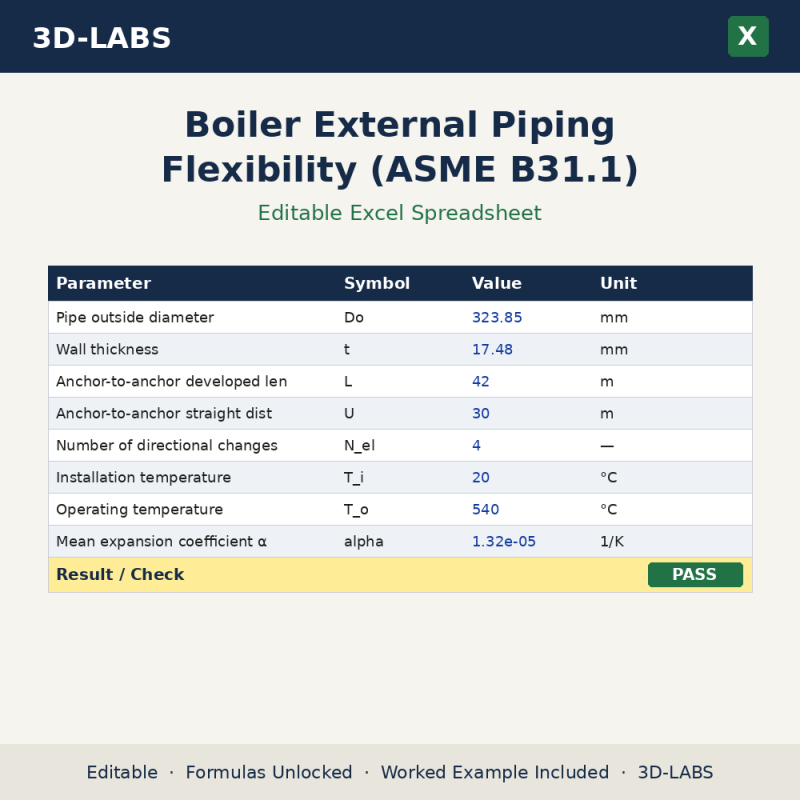 Boiler External Piping Flexibility (ASME B31.1) Excel calculator - 3D-LABS