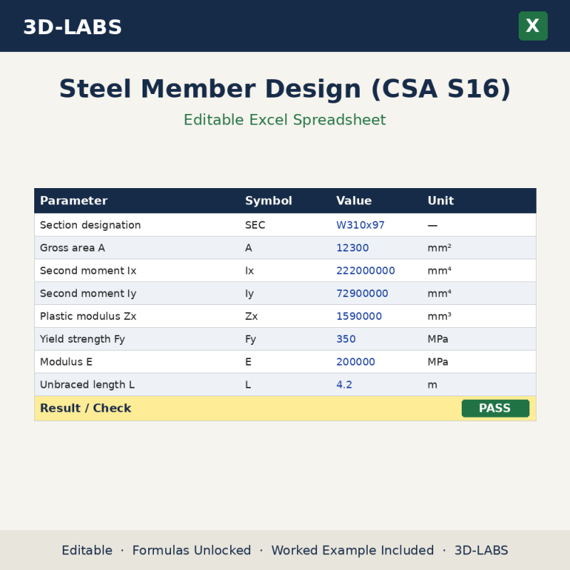 Steel Member Design (CSA S16) Excel calculator - 3D-LABS